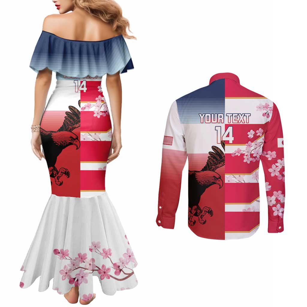USA and Japan Rugby Custom Couples Matching Mermaid Dress and Long Sleeve Button Shirt Eagles Brave Blossoms Together Pacific LT14 - Polynesian Pride