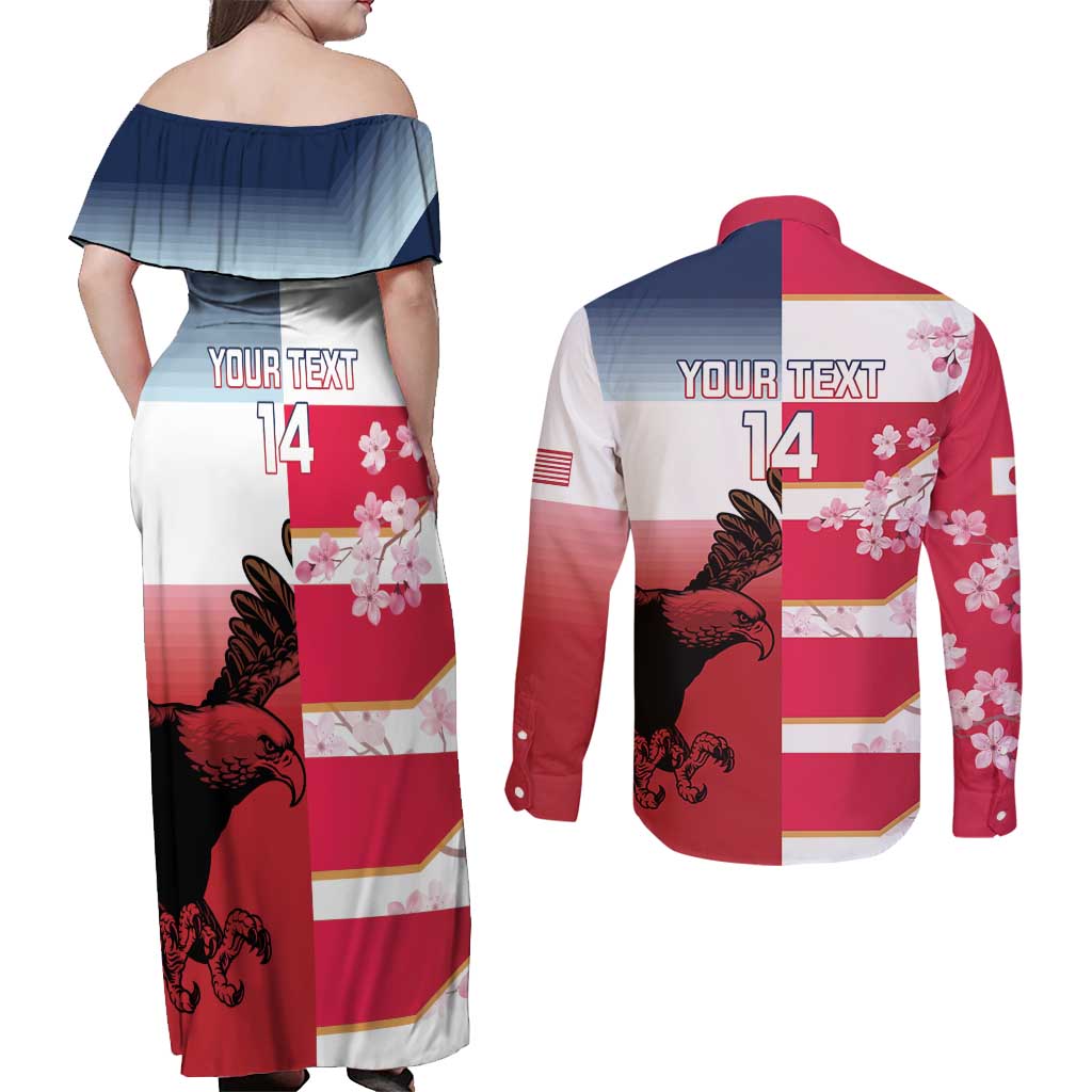 USA and Japan Rugby Custom Couples Matching Off Shoulder Maxi Dress and Long Sleeve Button Shirt Eagles Brave Blossoms Together Pacific - Polynesian Pride