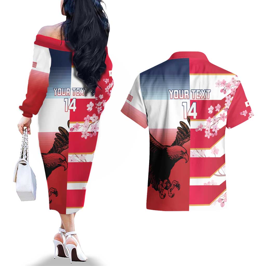 USA and Japan Rugby Custom Couples Matching Off The Shoulder Long Sleeve Dress and Hawaiian Shirt Eagles Brave Blossoms Together Pacific - Polynesian Pride