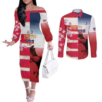 USA and Japan Rugby Custom Couples Matching Off The Shoulder Long Sleeve Dress and Long Sleeve Button Shirt Eagles Brave Blossoms Together Pacific LT14 Red - Polynesian Pride
