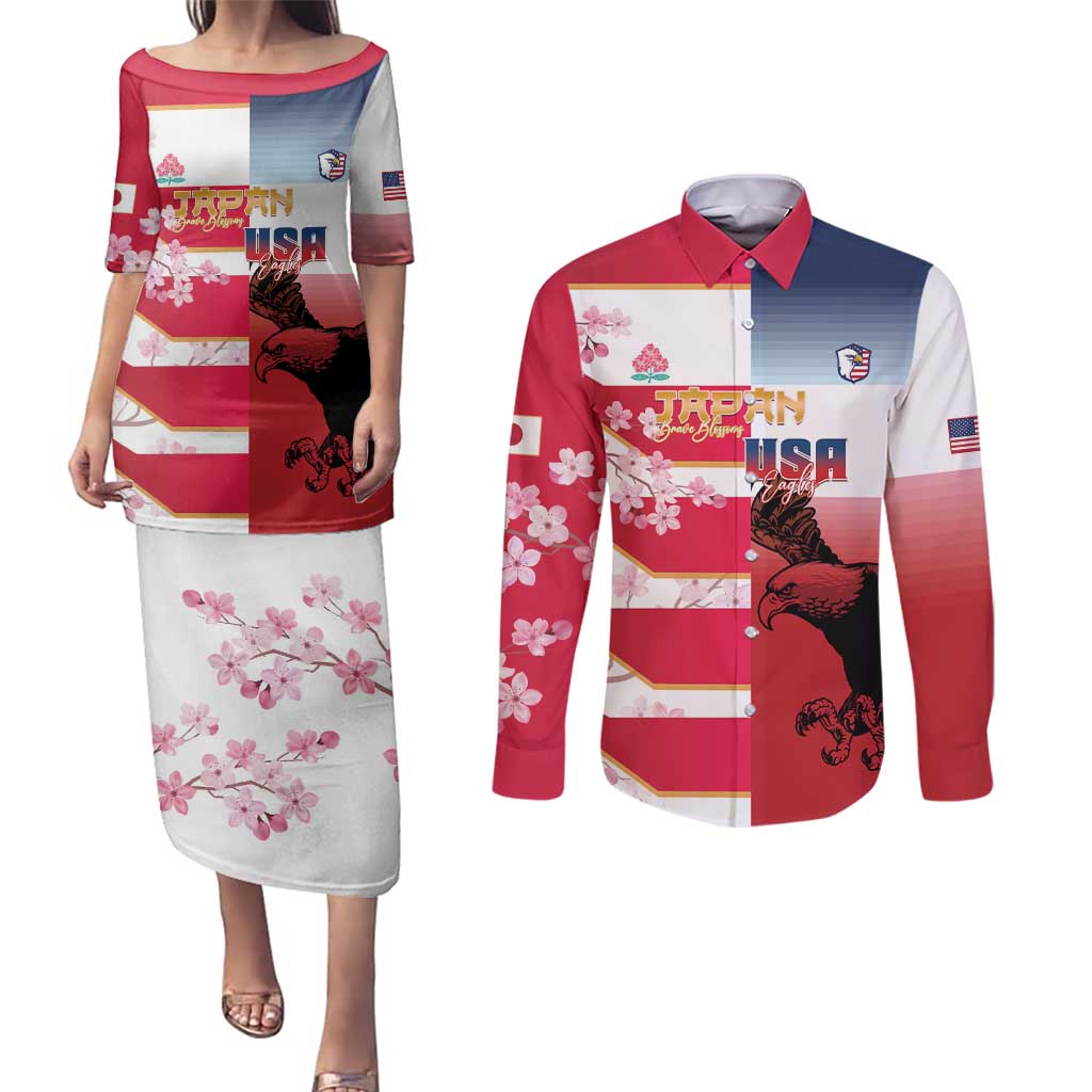 USA and Japan Rugby Custom Couples Matching Puletasi and Long Sleeve Button Shirt Eagles Brave Blossoms Together Pacific LT14 Red - Polynesian Pride