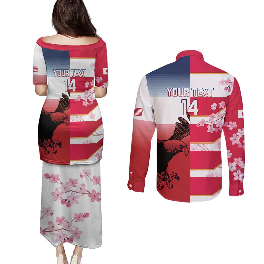 USA and Japan Rugby Custom Couples Matching Puletasi and Long Sleeve Button Shirt Eagles Brave Blossoms Together Pacific LT14 - Polynesian Pride