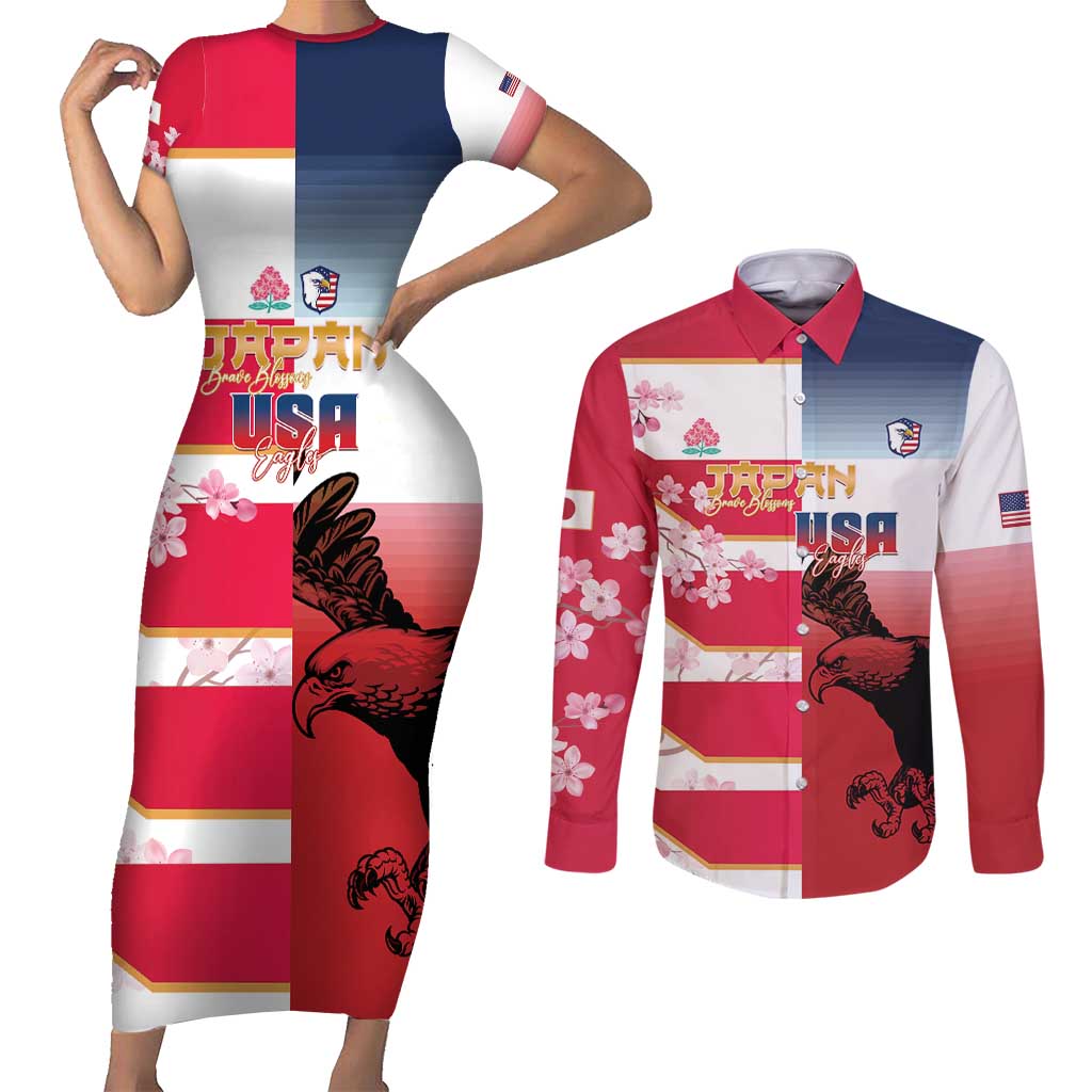 USA and Japan Rugby Custom Couples Matching Short Sleeve Bodycon Dress and Long Sleeve Button Shirt Eagles Brave Blossoms Together Pacific LT14 Red - Polynesian Pride