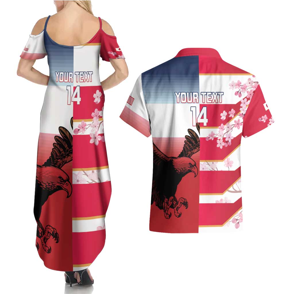 USA and Japan Rugby Custom Couples Matching Summer Maxi Dress and Hawaiian Shirt Eagles Brave Blossoms Together Pacific - Polynesian Pride