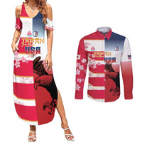USA and Japan Rugby Custom Couples Matching Summer Maxi Dress and Long Sleeve Button Shirt Eagles Brave Blossoms Together Pacific LT14 Red - Polynesian Pride