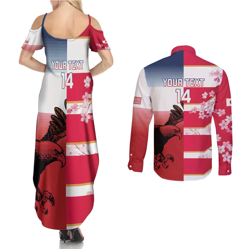 USA and Japan Rugby Custom Couples Matching Summer Maxi Dress and Long Sleeve Button Shirt Eagles Brave Blossoms Together Pacific LT14 - Polynesian Pride