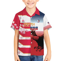 USA and Japan Rugby Custom Family Matching Long Sleeve Bodycon Dress and Hawaiian Shirt Eagles Brave Blossoms Together Pacific LT14 Son's Shirt Red - Polynesian Pride