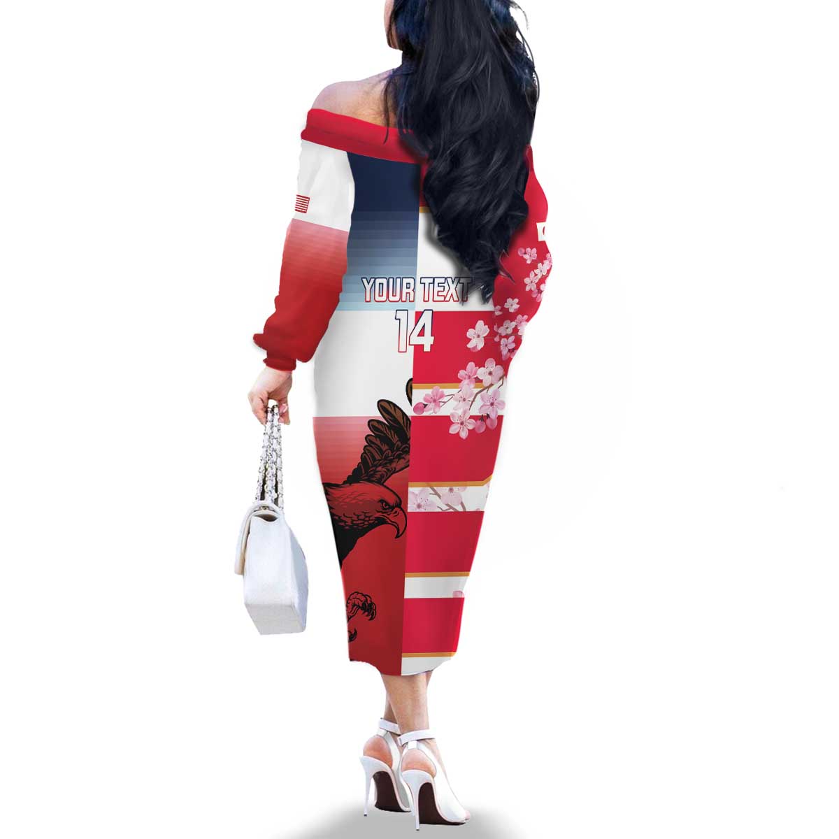 USA and Japan Rugby Custom Family Matching Off The Shoulder Long Sleeve Dress and Hawaiian Shirt Eagles Brave Blossoms Together Pacific - Polynesian Pride
