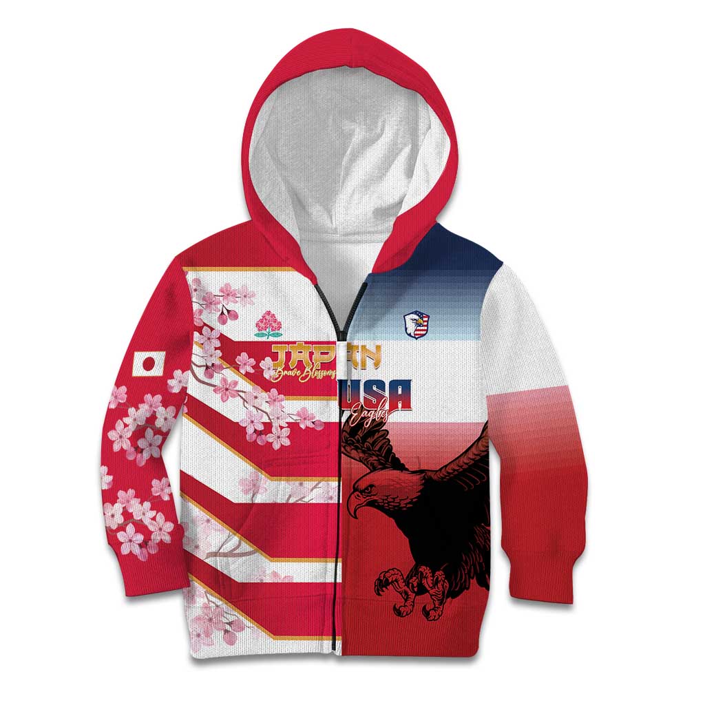 USA and Japan Rugby Custom Kid Hoodie Eagles Brave Blossoms Together Pacific - Polynesian Pride