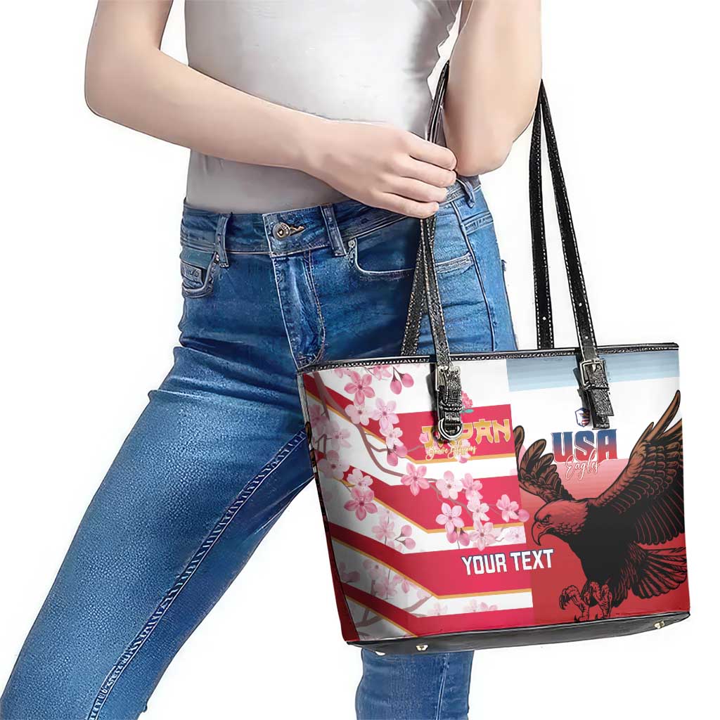 USA and Japan Rugby Custom Leather Tote Bag Eagles Brave Blossoms Together Pacific - Polynesian Pride