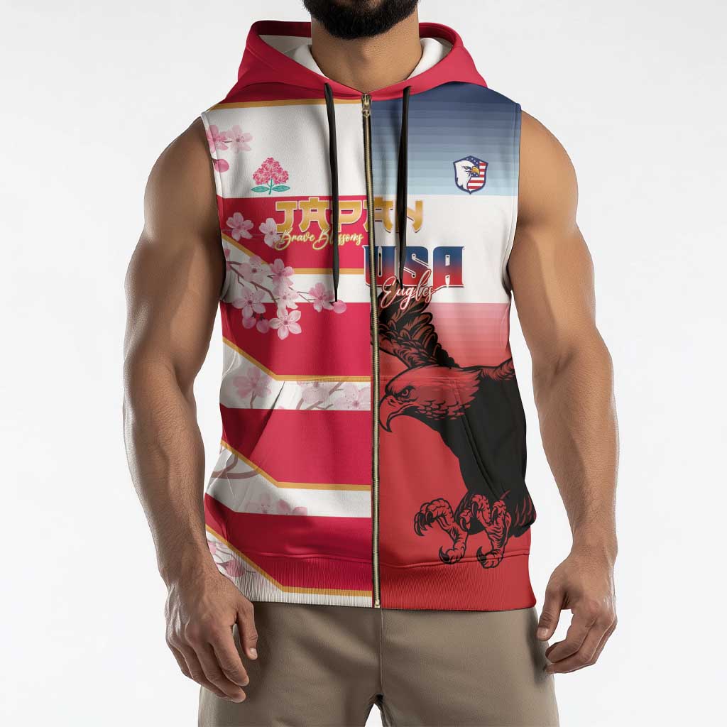 USA and Japan Rugby Custom Sleeveless Zip Hoodie Eagles Brave Blossoms Together Pacific - Polynesian Pride