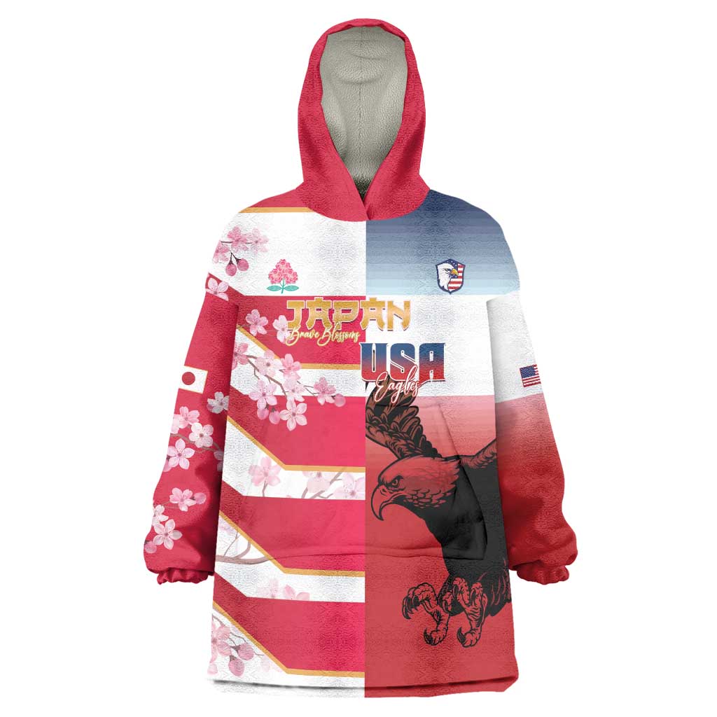 USA and Japan Rugby Custom Wearable Blanket Hoodie Eagles Brave Blossoms Together Pacific - Polynesian Pride
