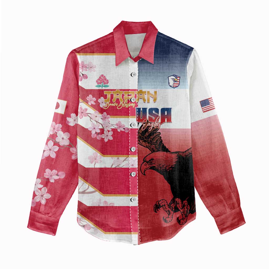 USA and Japan Rugby Custom Women Casual Shirt Eagles Brave Blossoms Together Pacific - Polynesian Pride