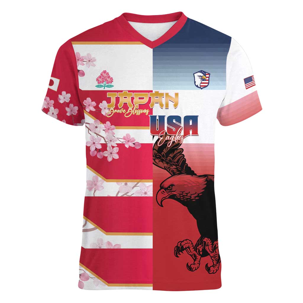 USA and Japan Rugby Custom Women V-Neck T-Shirt Eagles Brave Blossoms Together Pacific LT14 Female Red - Polynesian Pride
