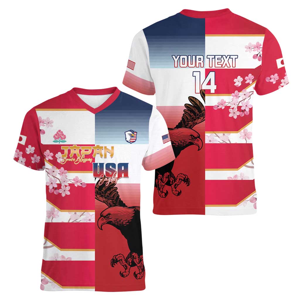 USA and Japan Rugby Custom Women V-Neck T-Shirt Eagles Brave Blossoms Together Pacific LT14 - Polynesian Pride