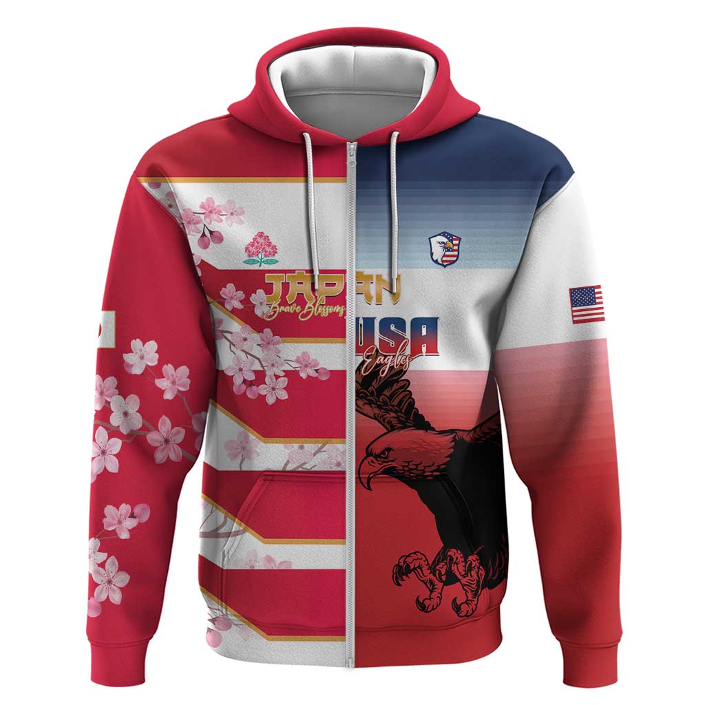 USA and Japan Rugby Custom Zip Hoodie Eagles Brave Blossoms Together Pacific LT14 Zip Hoodie Red - Polynesian Pride