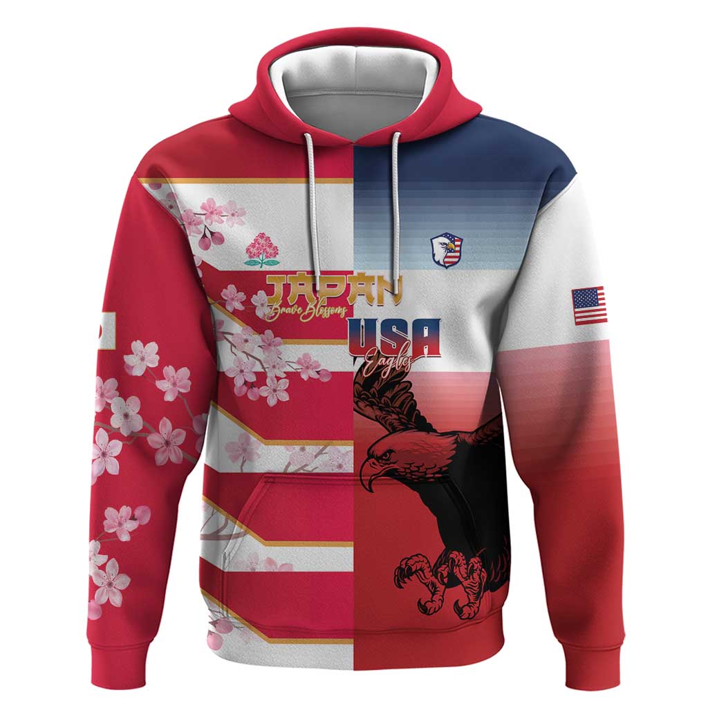 USA and Japan Rugby Custom Zip Hoodie Eagles Brave Blossoms Together Pacific LT14 Pullover Hoodie Red - Polynesian Pride