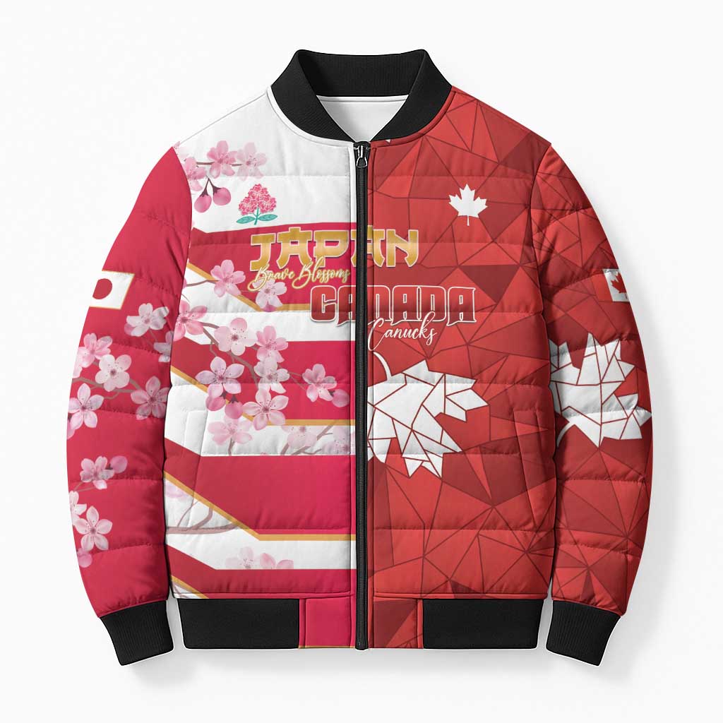 Canada and Japan Rugby Custom Bomber Puffer Jacket Canucks Brave Blossoms Together Pacific - Polynesian Pride