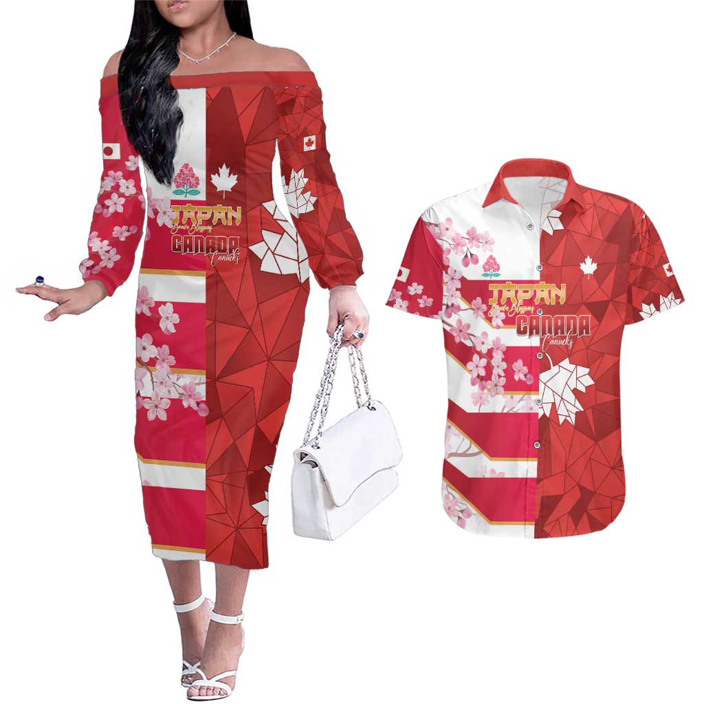 Canada and Japan Rugby Custom Couples Matching Off The Shoulder Long Sleeve Dress and Hawaiian Shirt Canucks Brave Blossoms Together Pacific - Polynesian Pride