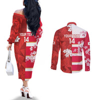 Canada and Japan Rugby Custom Couples Matching Off The Shoulder Long Sleeve Dress and Long Sleeve Button Shirt Canucks Brave Blossoms Together Pacific - Polynesian Pride