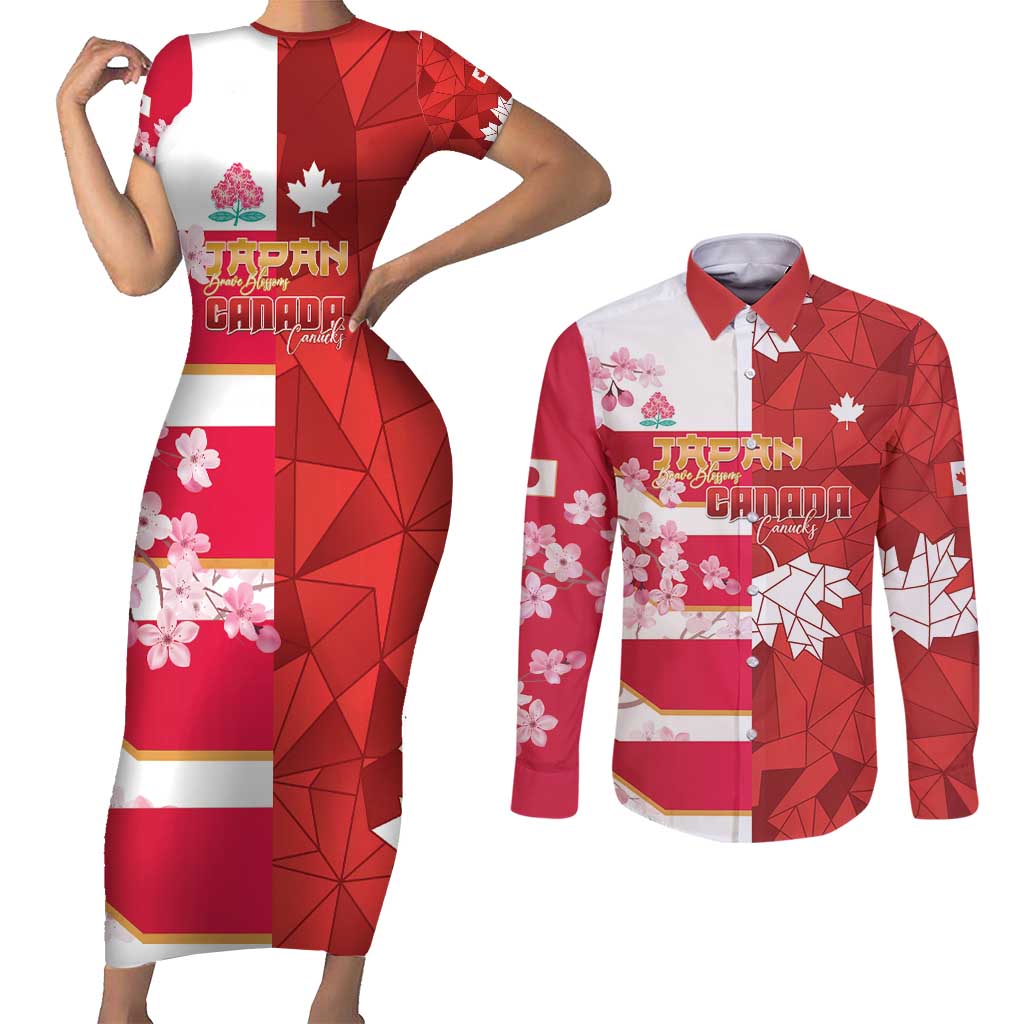Canada and Japan Rugby Custom Couples Matching Short Sleeve Bodycon Dress and Long Sleeve Button Shirt Canucks Brave Blossoms Together Pacific - Polynesian Pride