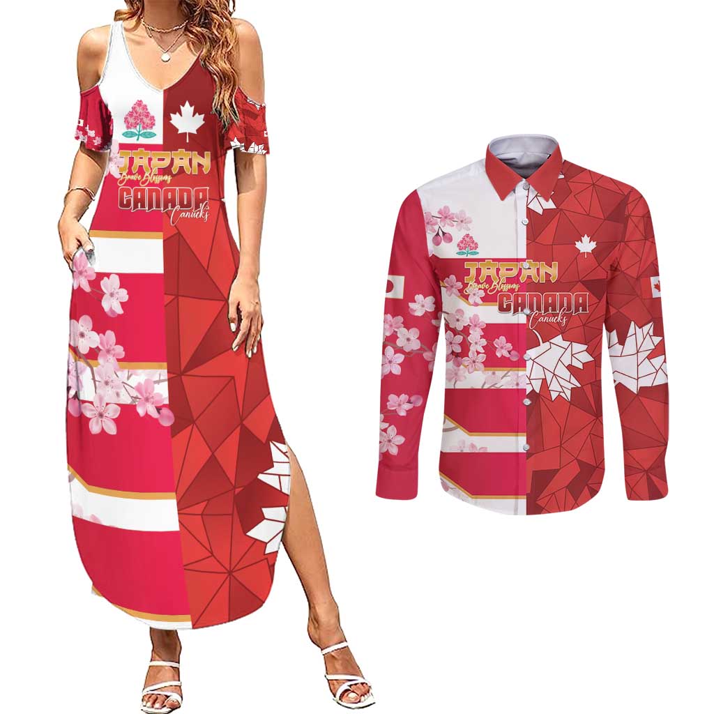 Canada and Japan Rugby Custom Couples Matching Summer Maxi Dress and Long Sleeve Button Shirt Canucks Brave Blossoms Together Pacific - Polynesian Pride