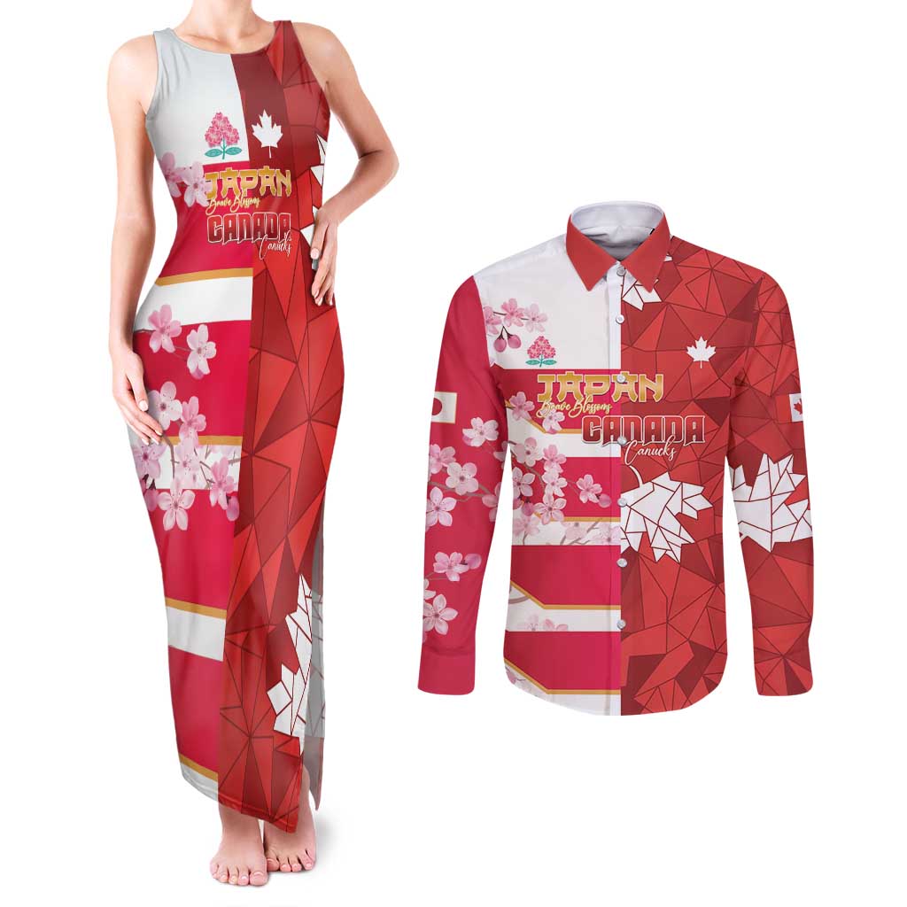 Canada and Japan Rugby Custom Couples Matching Tank Maxi Dress and Long Sleeve Button Shirt Canucks Brave Blossoms Together Pacific - Polynesian Pride