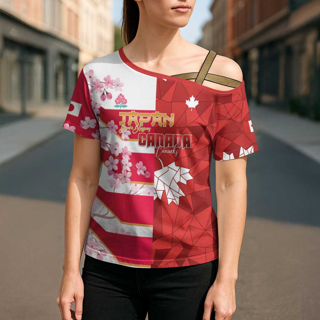 Canada and Japan Rugby Custom Cross Shoulder Shirt Canucks Brave Blossoms Together Pacific - Polynesian Pride
