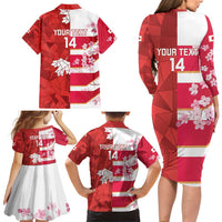 Canada and Japan Rugby Custom Family Matching Long Sleeve Bodycon Dress and Hawaiian Shirt Canucks Brave Blossoms Together Pacific - Polynesian Pride