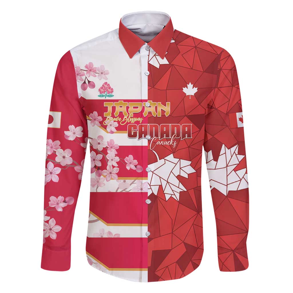 Canada and Japan Rugby Custom Family Matching Long Sleeve Bodycon Dress and Hawaiian Shirt Canucks Brave Blossoms Together Pacific - Polynesian Pride