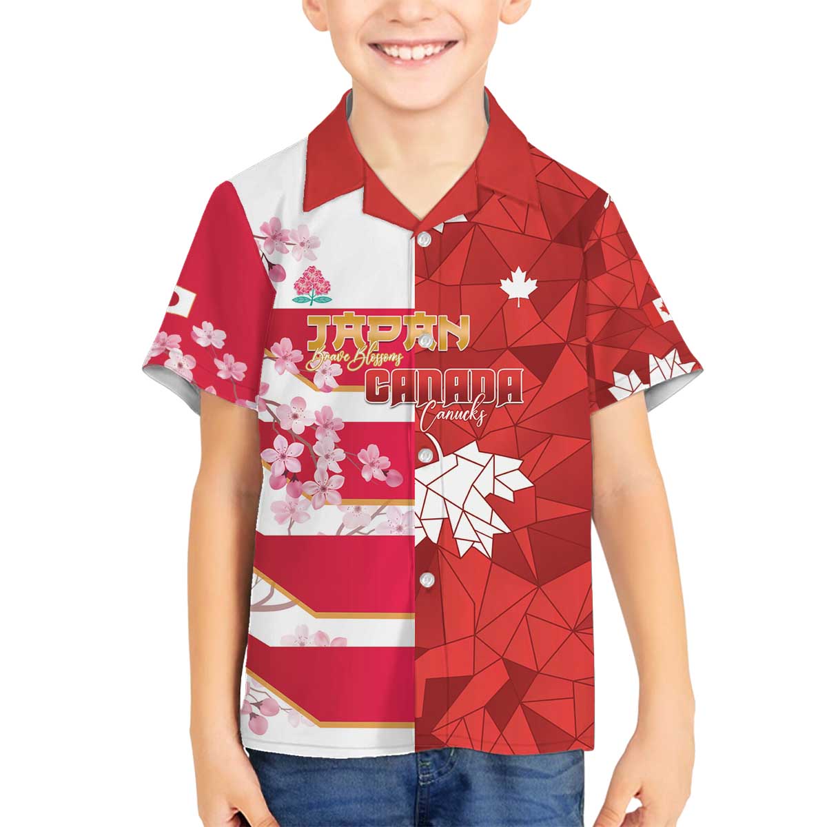 Canada and Japan Rugby Custom Family Matching Off The Shoulder Long Sleeve Dress and Hawaiian Shirt Canucks Brave Blossoms Together Pacific - Polynesian Pride