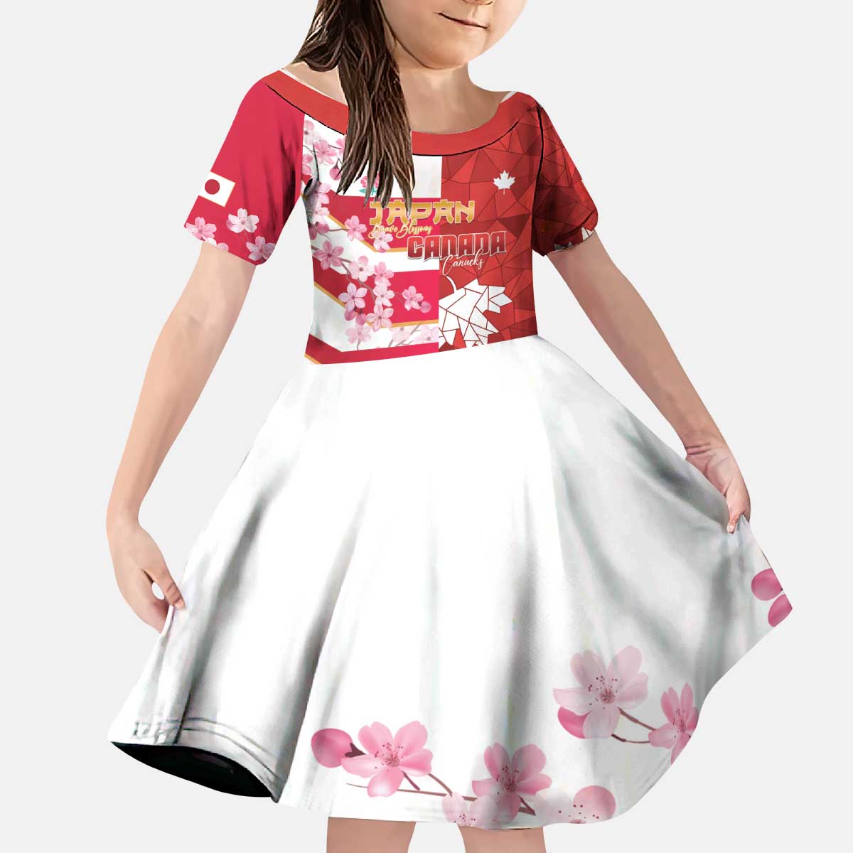 Canada and Japan Rugby Custom Kid Short Sleeve Dress Canucks Brave Blossoms Together Pacific - Polynesian Pride