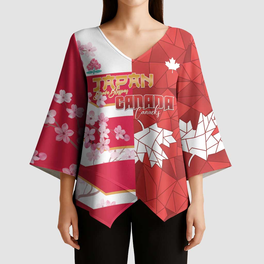 Canada and Japan Rugby Custom Kimono Sleeve Blouse Canucks Brave Blossoms Together Pacific - Polynesian Pride