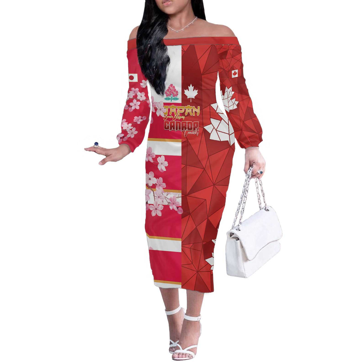 Canada and Japan Rugby Custom Off The Shoulder Long Sleeve Dress Canucks Brave Blossoms Together Pacific - Polynesian Pride