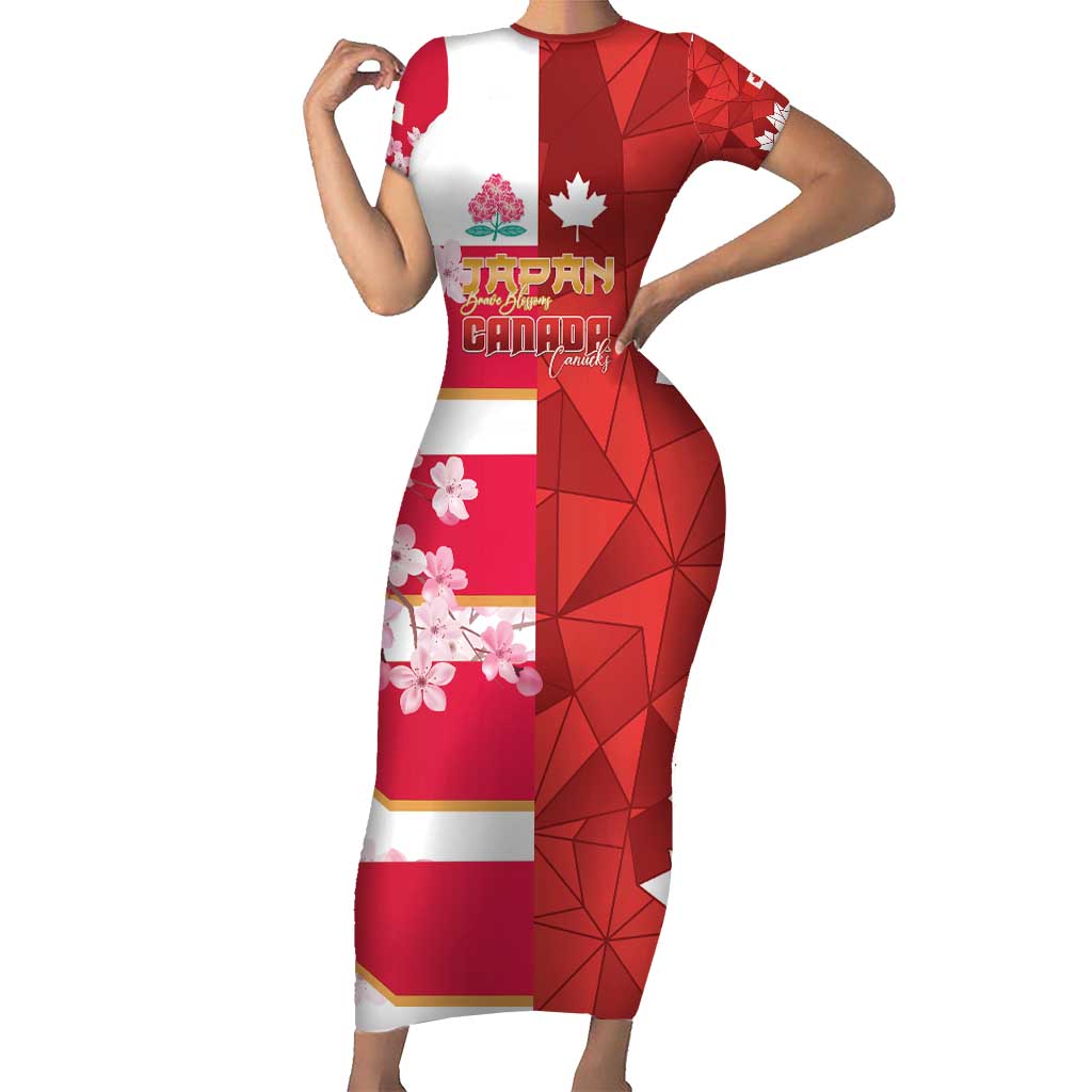 Canada and Japan Rugby Custom Short Sleeve Bodycon Dress Canucks Brave Blossoms Together Pacific - Polynesian Pride