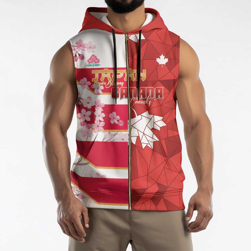 Canada and Japan Rugby Custom Sleeveless Zip Hoodie Canucks Brave Blossoms Together Pacific - Polynesian Pride