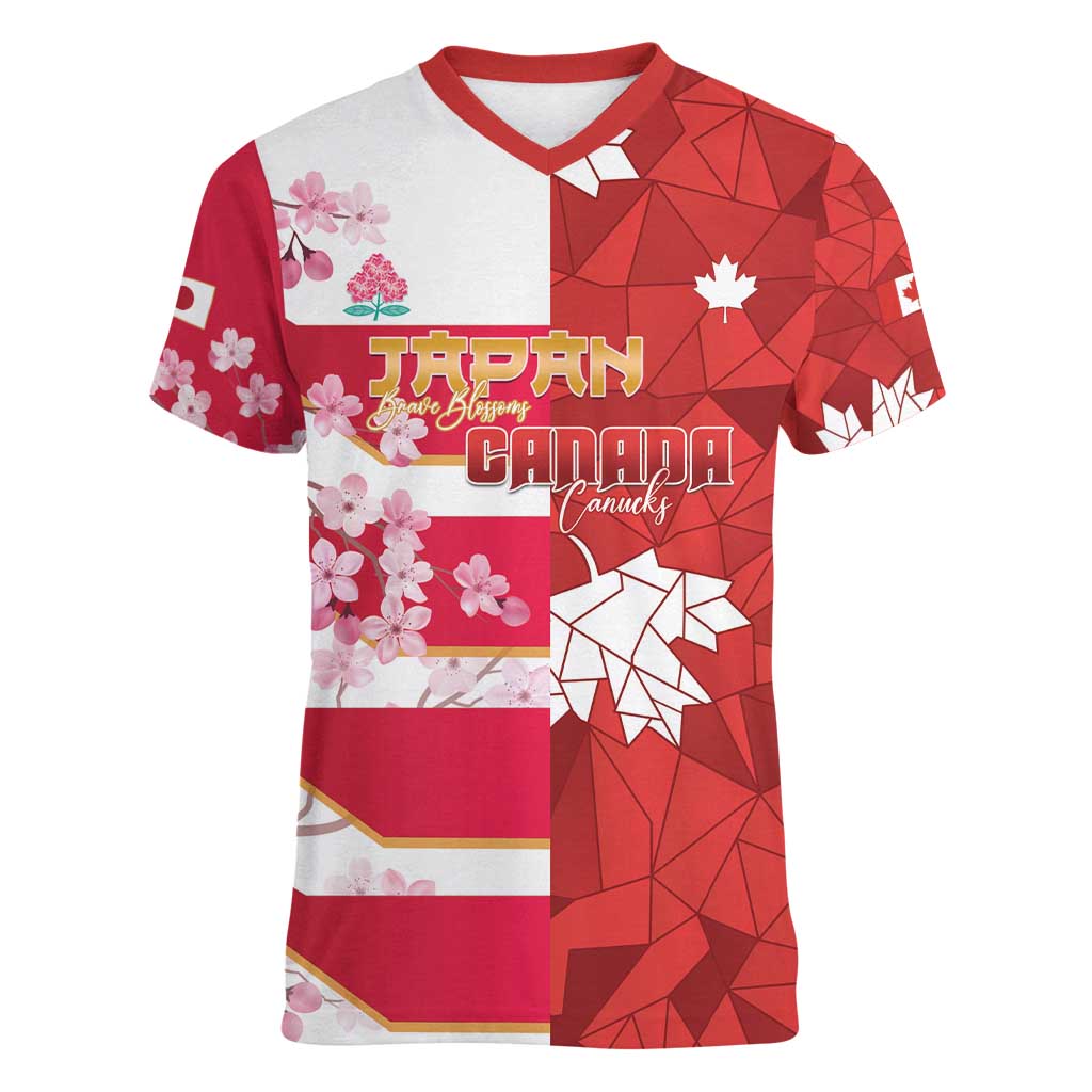 Canada and Japan Rugby Custom Women V-Neck T-Shirt Canucks Brave Blossoms Together Pacific LT14 Female Red - Polynesian Pride