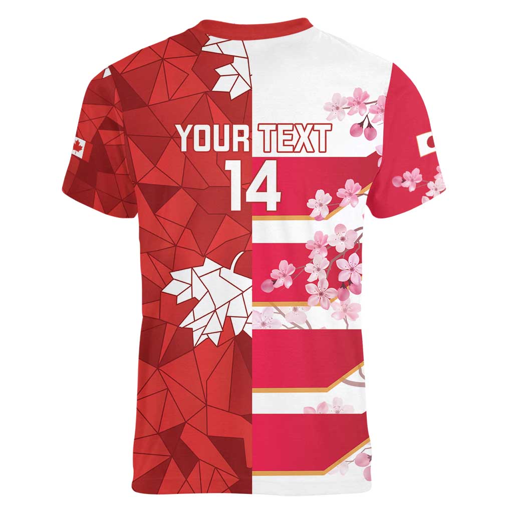 Canada and Japan Rugby Custom Women V-Neck T-Shirt Canucks Brave Blossoms Together Pacific LT14 - Polynesian Pride