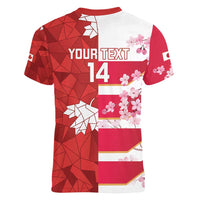 Canada and Japan Rugby Custom Women V-Neck T-Shirt Canucks Brave Blossoms Together Pacific LT14 - Polynesian Pride
