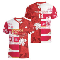 Canada and Japan Rugby Custom Women V-Neck T-Shirt Canucks Brave Blossoms Together Pacific LT14 - Polynesian Pride