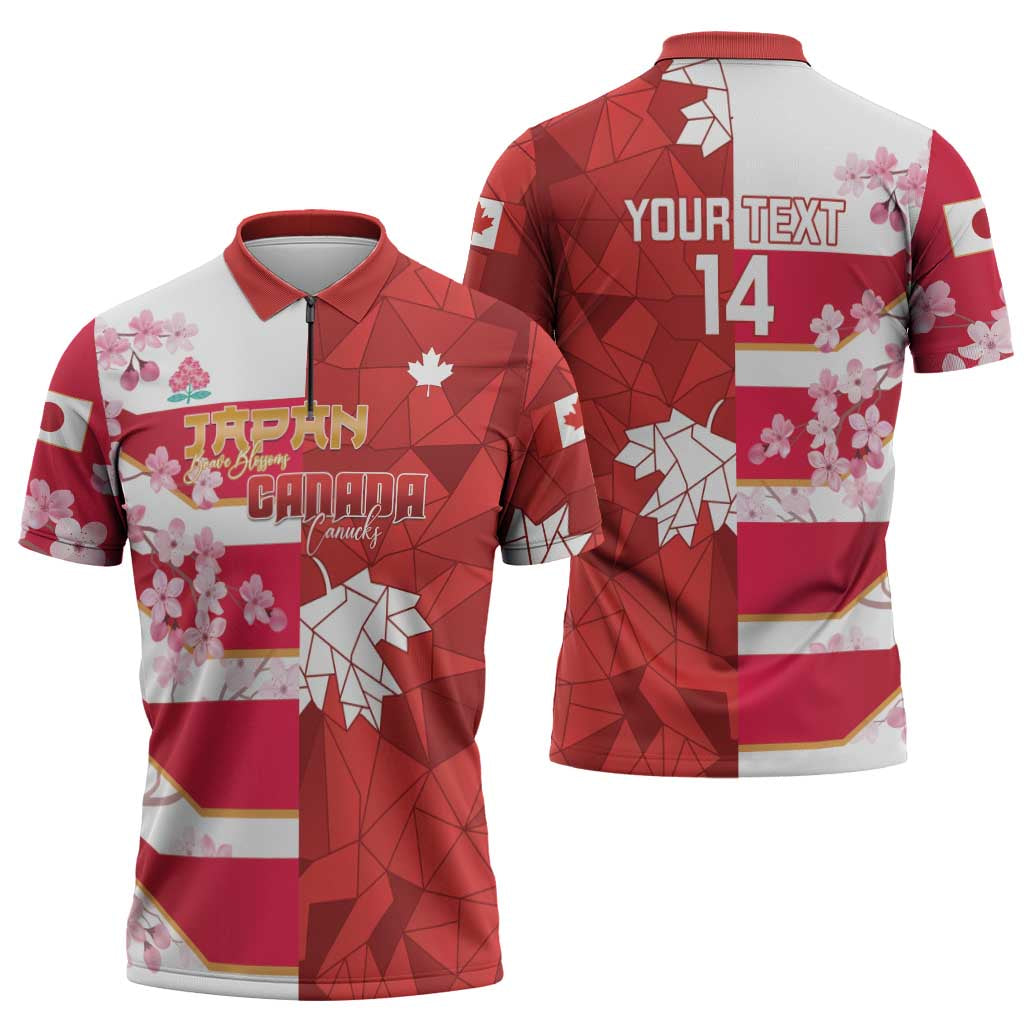 Canada and Japan Rugby Custom Zipper Polo Shirt Canucks Brave Blossoms Together Pacific LT14 - Polynesian Pride