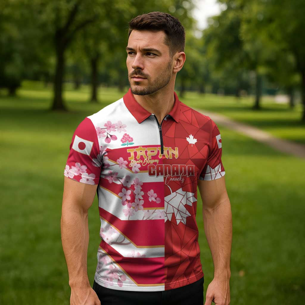 Canada and Japan Rugby Custom Zipper Polo Shirt Canucks Brave Blossoms Together Pacific LT14 - Polynesian Pride