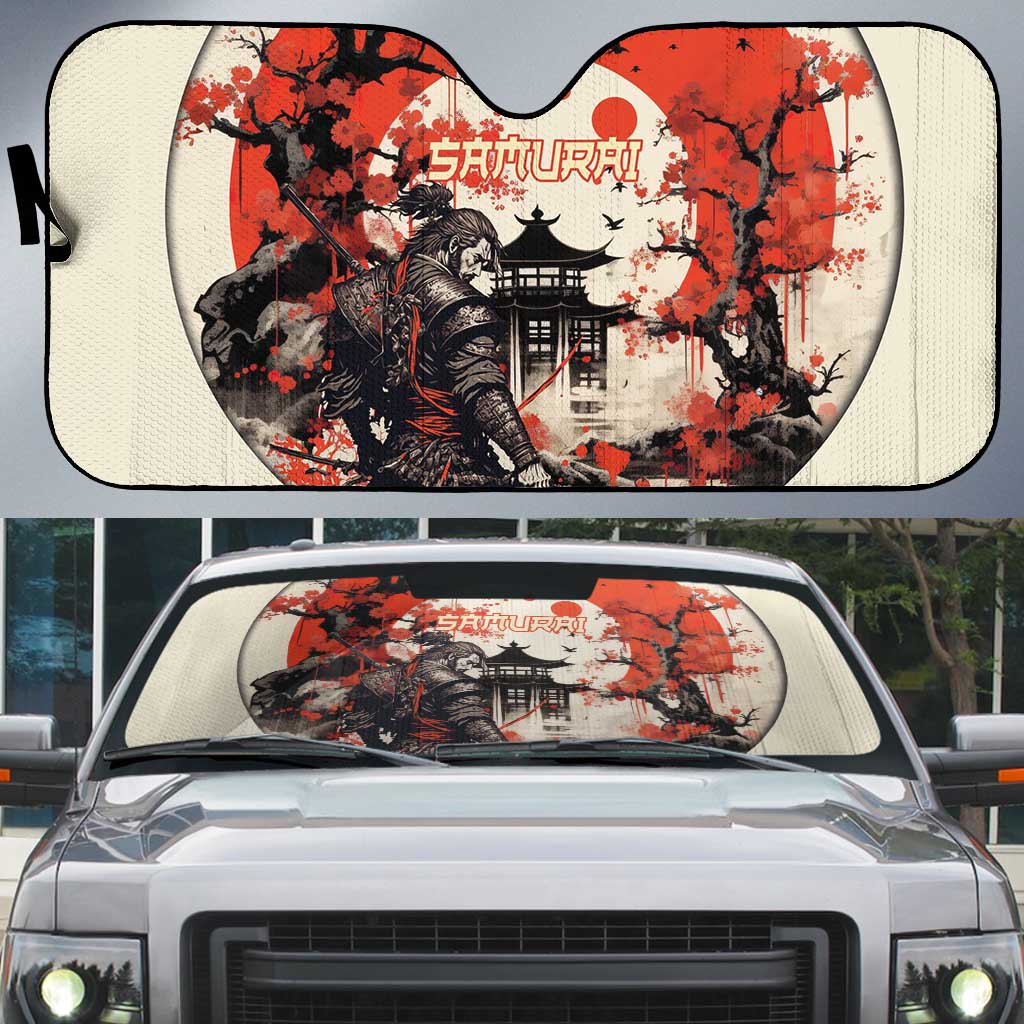 Samurai Warrior Japan Auto Sun Shade Red-blossomed Tree Classic Japanese Stylized - Polynesian Pride