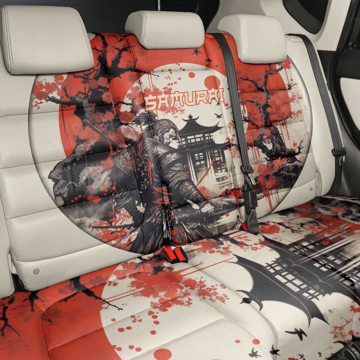 Samurai Warrior Japan Back Car Seat Cover Red-blossomed Tree Classic Japanese Stylized - Polynesian Pride