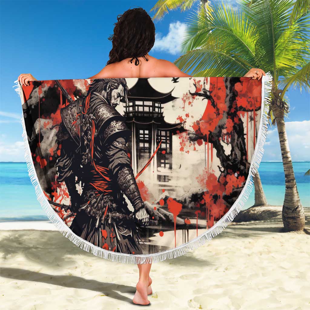 Samurai Warrior Japan Beach Blanket Red-blossomed Tree Classic Japanese Stylized - Polynesian Pride