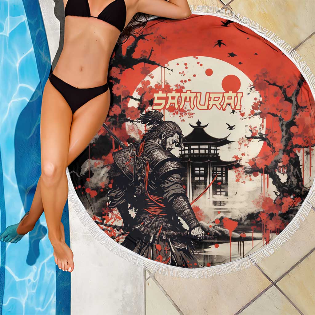 Samurai Warrior Japan Beach Blanket Red-blossomed Tree Classic Japanese Stylized - Polynesian Pride