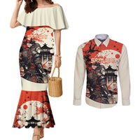 Samurai Warrior Japan Couples Matching Mermaid Dress and Long Sleeve Button Shirt Red-blossomed Tree Classic Japanese Stylized - Polynesian Pride
