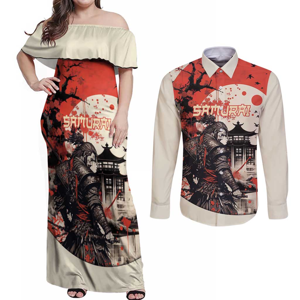 Samurai Warrior Japan Couples Matching Off Shoulder Maxi Dress and Long Sleeve Button Shirt Red-blossomed Tree Classic Japanese Stylized - Polynesian Pride