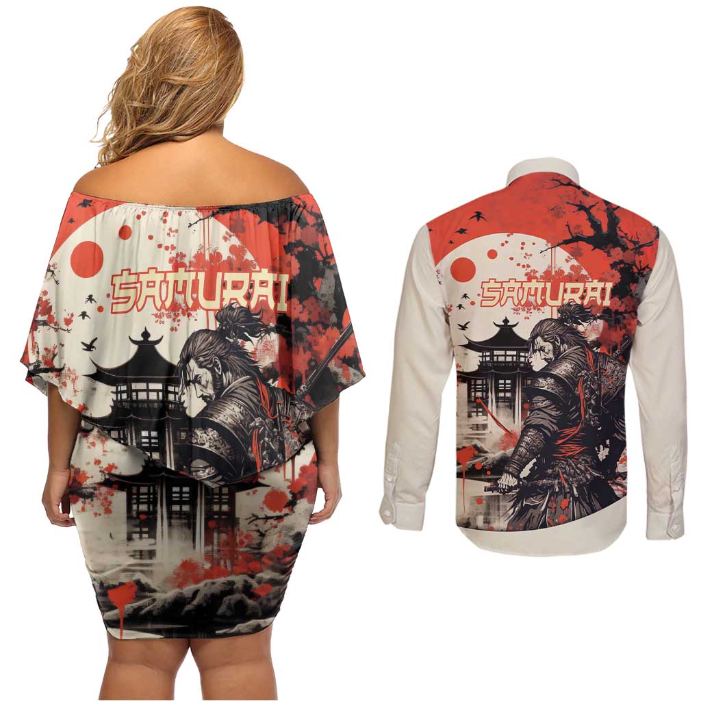 Samurai Warrior Japan Couples Matching Off Shoulder Short Dress and Long Sleeve Button Shirt Red-blossomed Tree Classic Japanese Stylized - Polynesian Pride