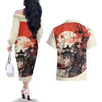 Samurai Warrior Japan Couples Matching Off The Shoulder Long Sleeve Dress and Hawaiian Shirt Red-blossomed Tree Classic Japanese Stylized - Polynesian Pride